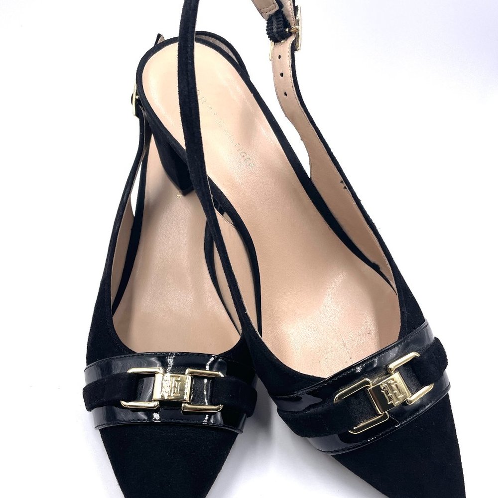 Tommy Hilfiger Black Suede Sling Back Block Pump Heals Size 8.5